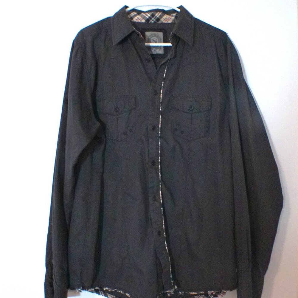 V&S Black Button Down Shirt – Men’s XXL – Plaid Trim Raw Hem - Picture 1 of 7